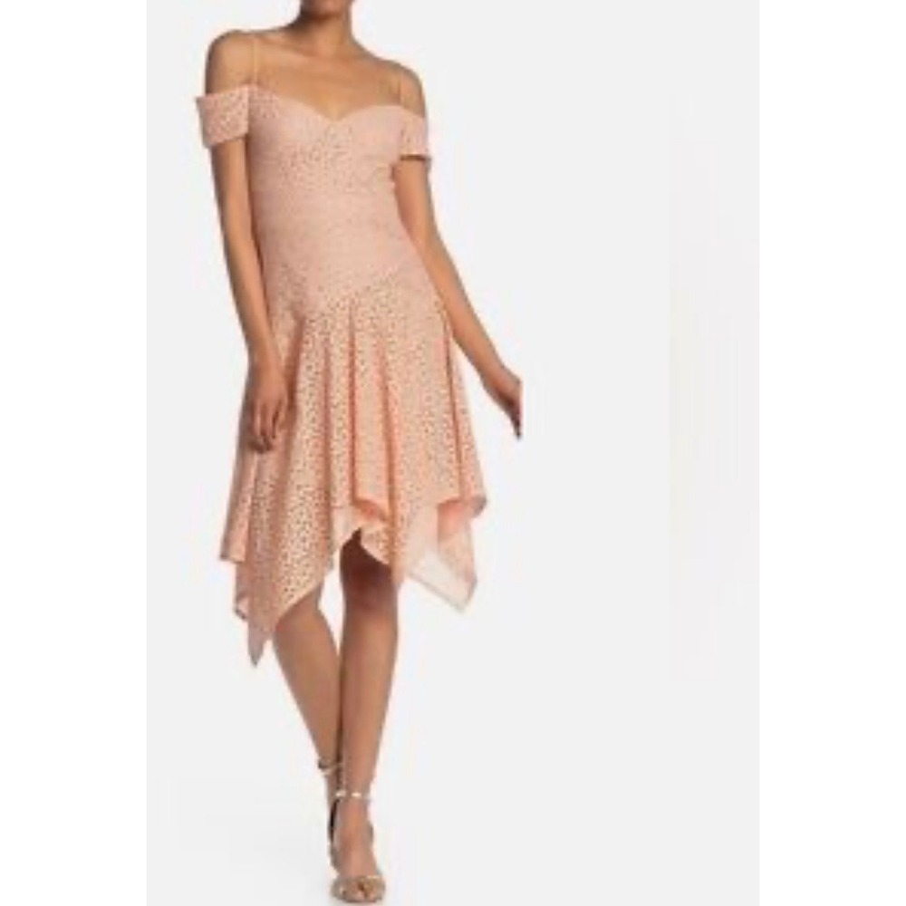 Nicole Miller Sz 2 peach lace crochet handkerchief Off Shoulder Dress Fairy Y2K